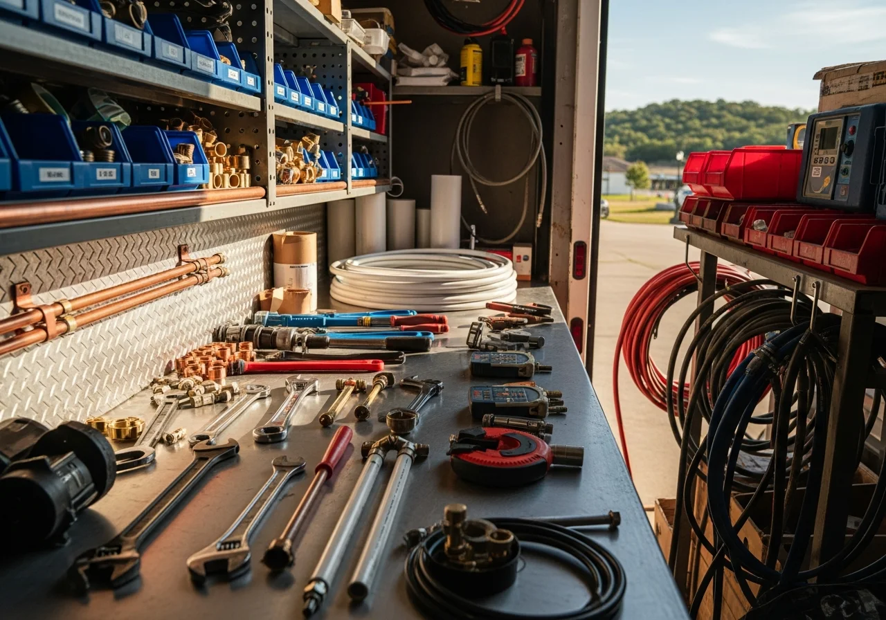 Plumbing tools and equipment arranged on a work surface, representing the trade expertise and service readiness of a professional plumbing crew.