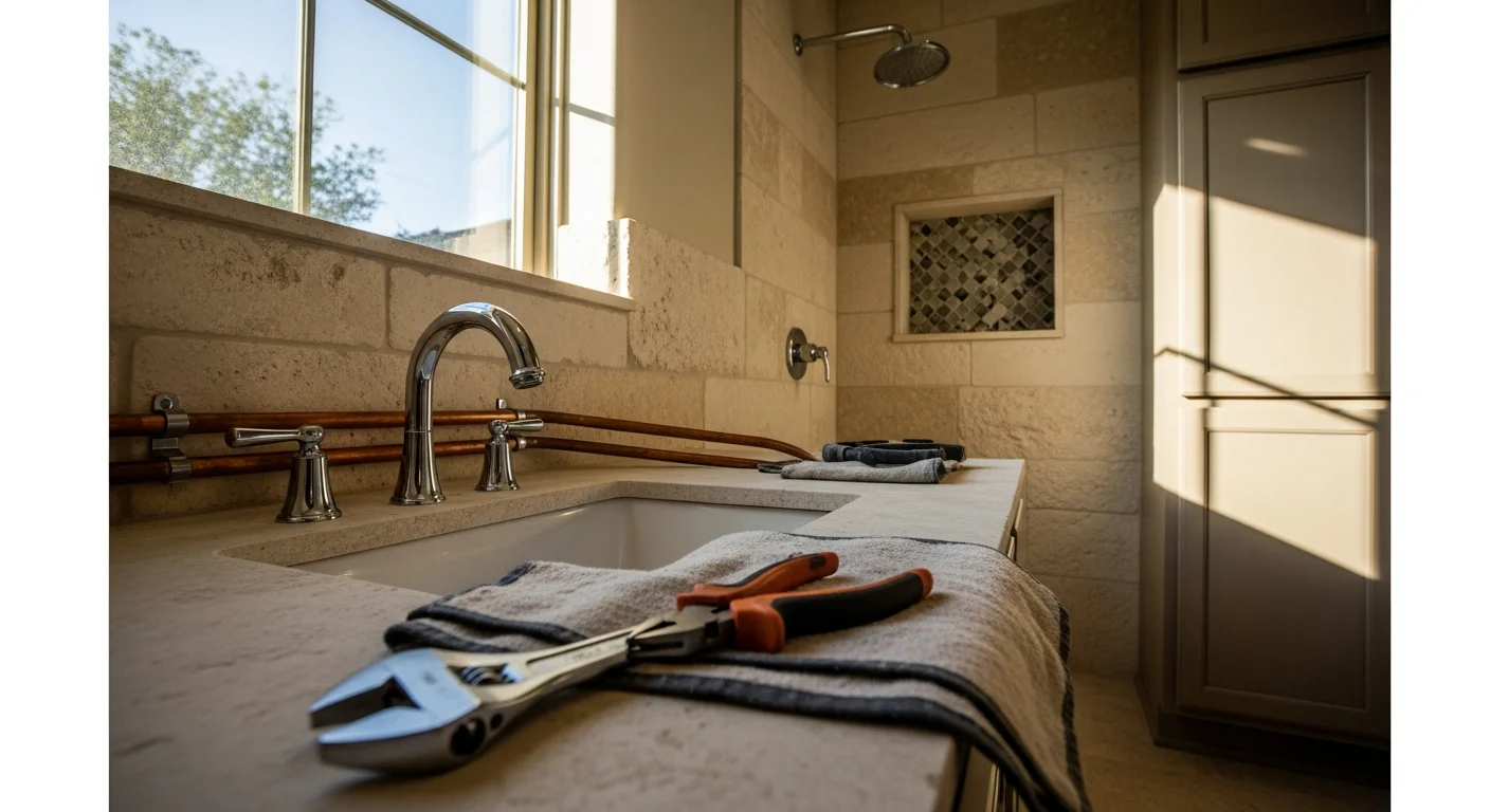 Plumbing contractor installing pipes during new home construction in San Marcos