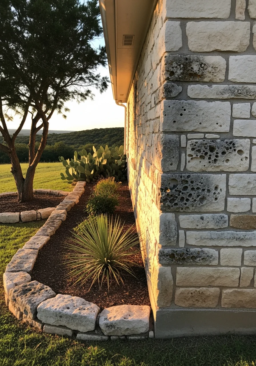 Close-up of a New Braunfels home's stone exterior and landscaping typical of hill-country properties near water features.