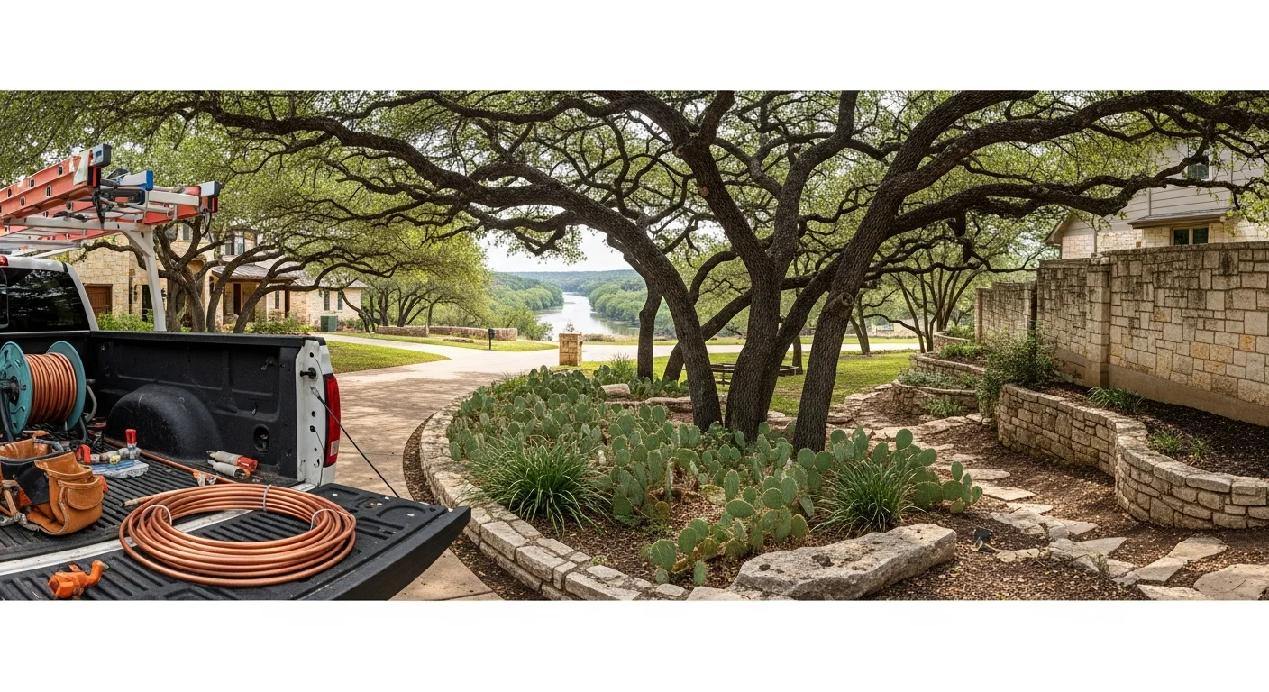 Scenic New Braunfels riverside neighborhood with limestone homes nestled among oak trees and native vegetation along the Guadalupe River.