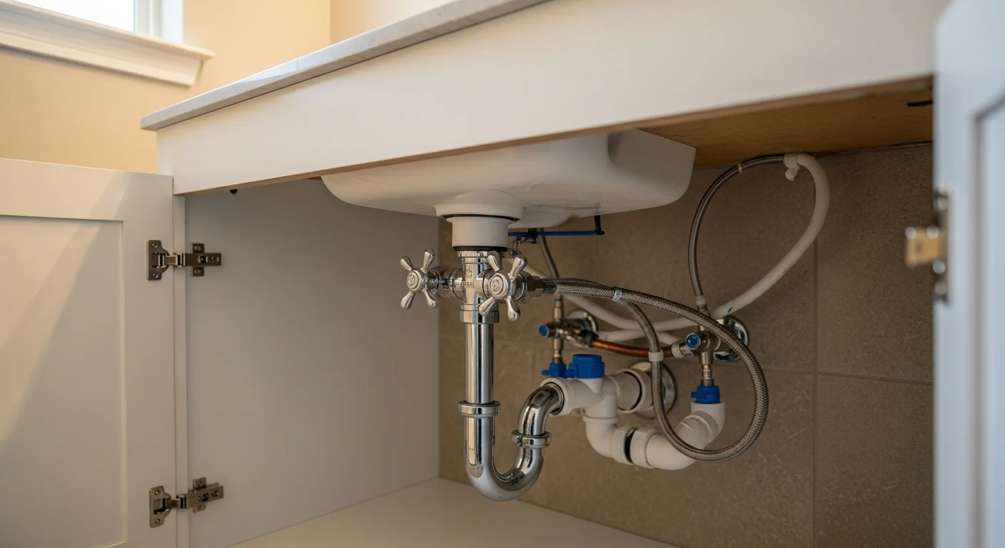 A newly installed bathroom in a New Braunfels home showing a wall-mounted sink, toilet, and tiled shower with visible shutoff valves and clean supply line connections. The plumbing work is complete and ready for inspection.