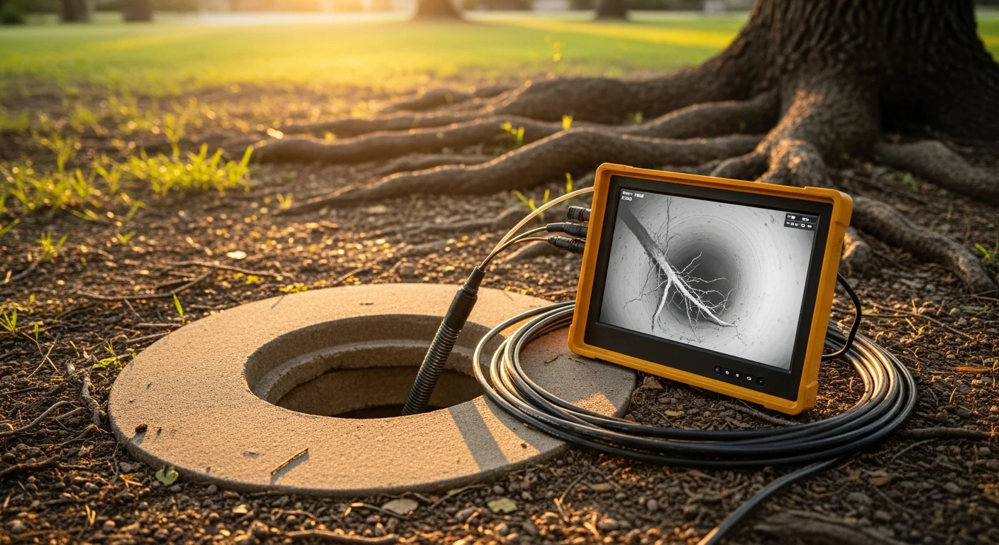 A plumber from Owens Plumbing Services LLC feeds a flexible camera cable into a sewer cleanout at a New Braunfels residential property. The monitor beside the technician displays a live view of the interior of an underground drain line showing root intrusion and pipe joint separation.
