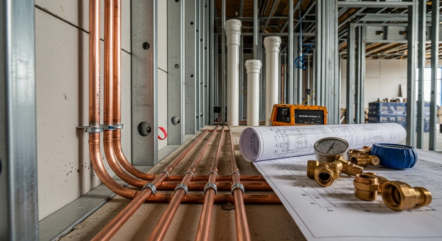 A licensed plumber from Owens Plumbing Services LLC installing commercial drain lines inside a gutted retail space during a remodel in New Braunfels, Texas. Exposed concrete slab and open wall framing show rough-in plumbing work in progress before finishes are applied.