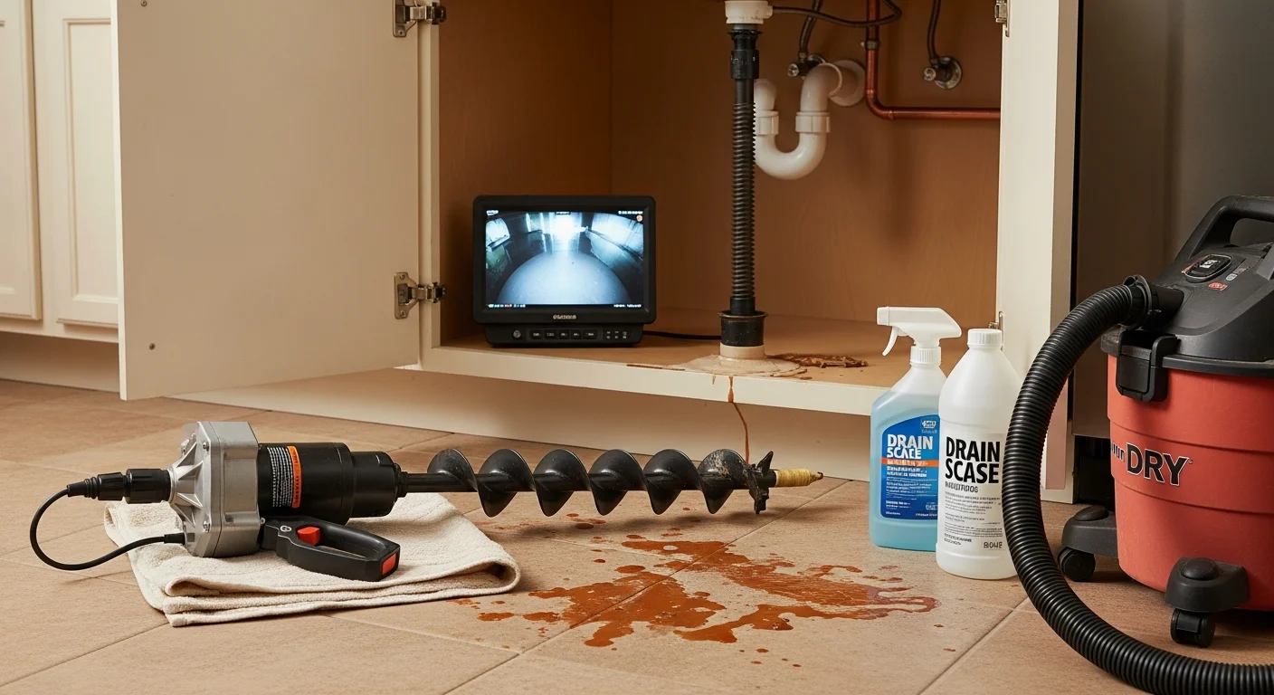 A plumber using a drain camera to inspect a clogged sewer line at a residential property in New Braunfels, Texas. The camera screen shows mineral scale buildup and debris inside the pipe.