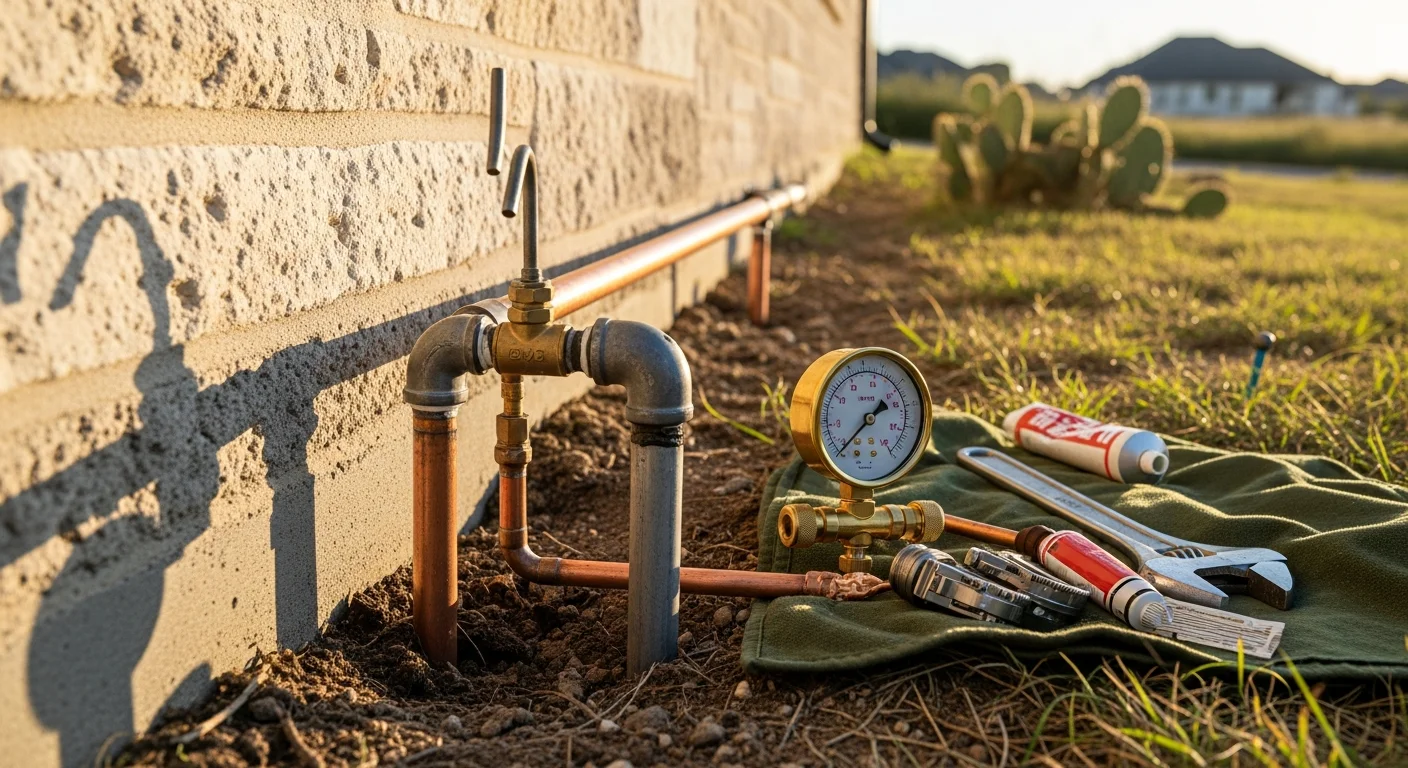 A licensed plumber from Owens Plumbing Services LLC inspecting an exposed residential gas line connection beneath a home in New Braunfels, TX. The technician uses a leak detection tool to check fittings along a section of pipe before completing the repair.