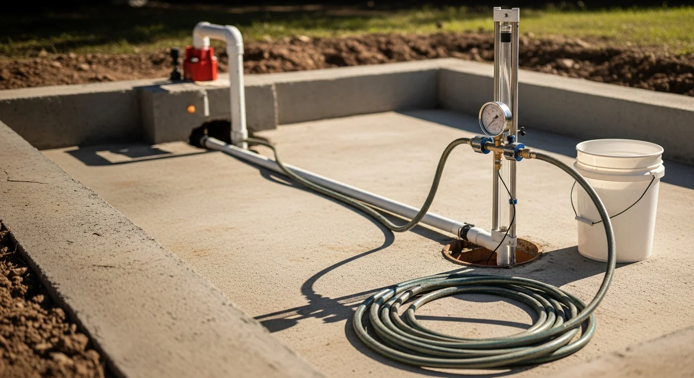 A licensed plumber from Owens Plumbing Services LLC monitoring water levels during a hydrostatic pressure test on an under-slab drain line at a New Braunfels residential property. The test setup shows the main sewer cleanout access point with the system filled to slab level for leak detection.