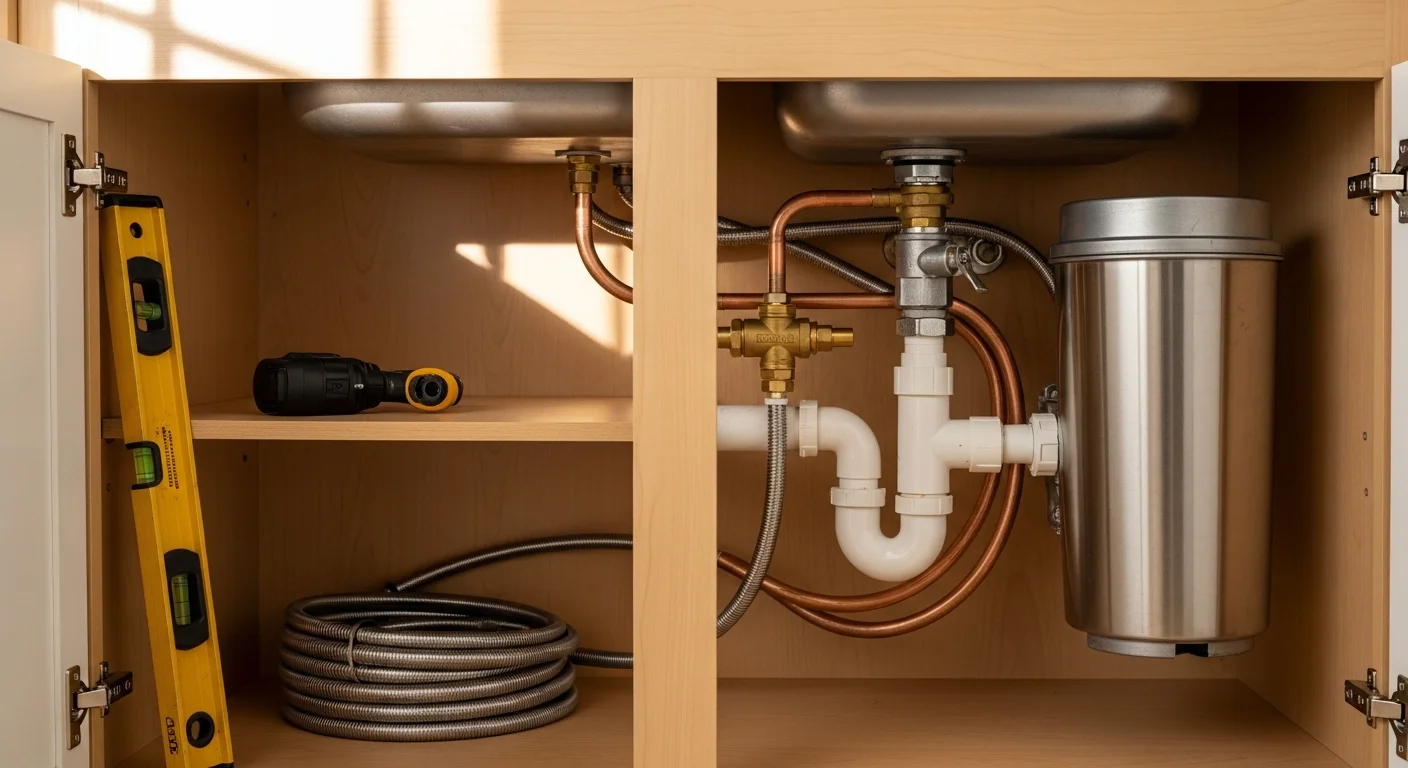 A licensed plumber installing kitchen sink supply and drain lines beneath a cabinet in a New Braunfels home. Copper supply lines and a PVC drain assembly are visible, with connections neatly fitted and ready for inspection.