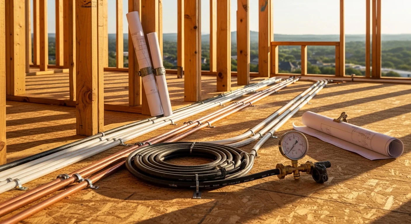 A plumber installing drain and supply rough-in lines inside the framed walls of a new construction home in New Braunfels, Texas. Exposed PVC drain pipes and copper supply lines are visible before drywall installation.