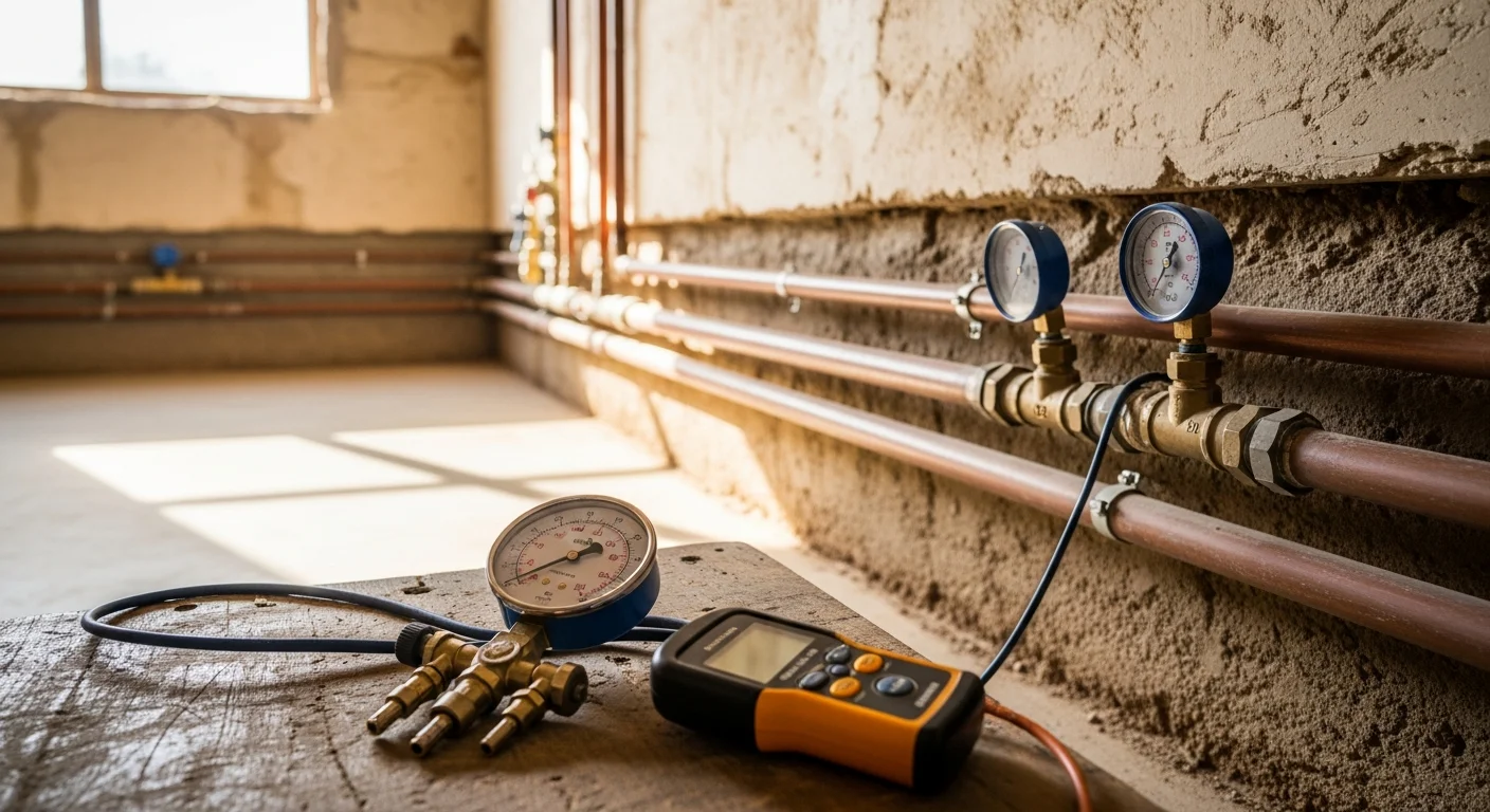 A licensed plumber from Owens Plumbing Services LLC inspecting under-sink supply and drain connections inside a New Braunfels home. The image shows pipe fittings, shut-off valves, and a drain trap being evaluated during a full plumbing system inspection.