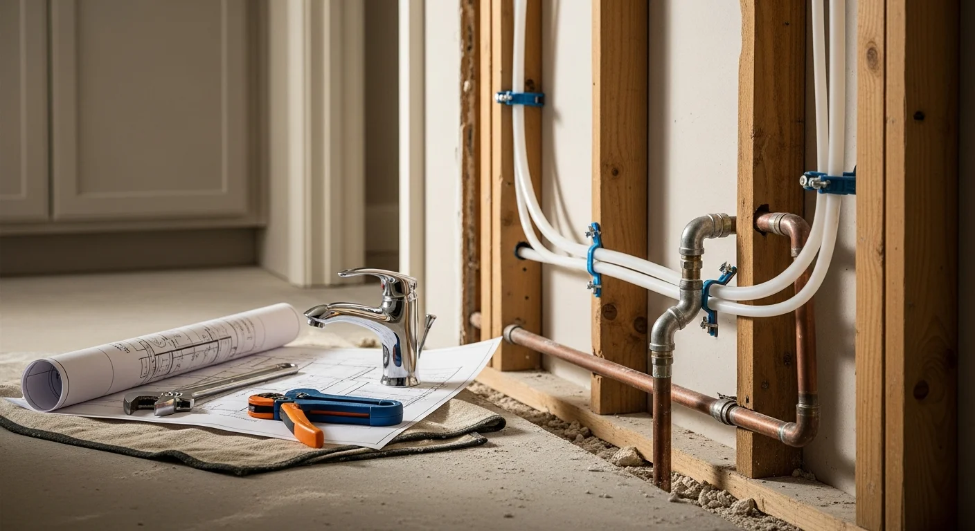A licensed plumber from Owens Plumbing Services LLC installing new drain and supply lines inside an open-wall bathroom remodel in a New Braunfels home. Rough-in pipe work is visible behind the framing before drywall is closed.