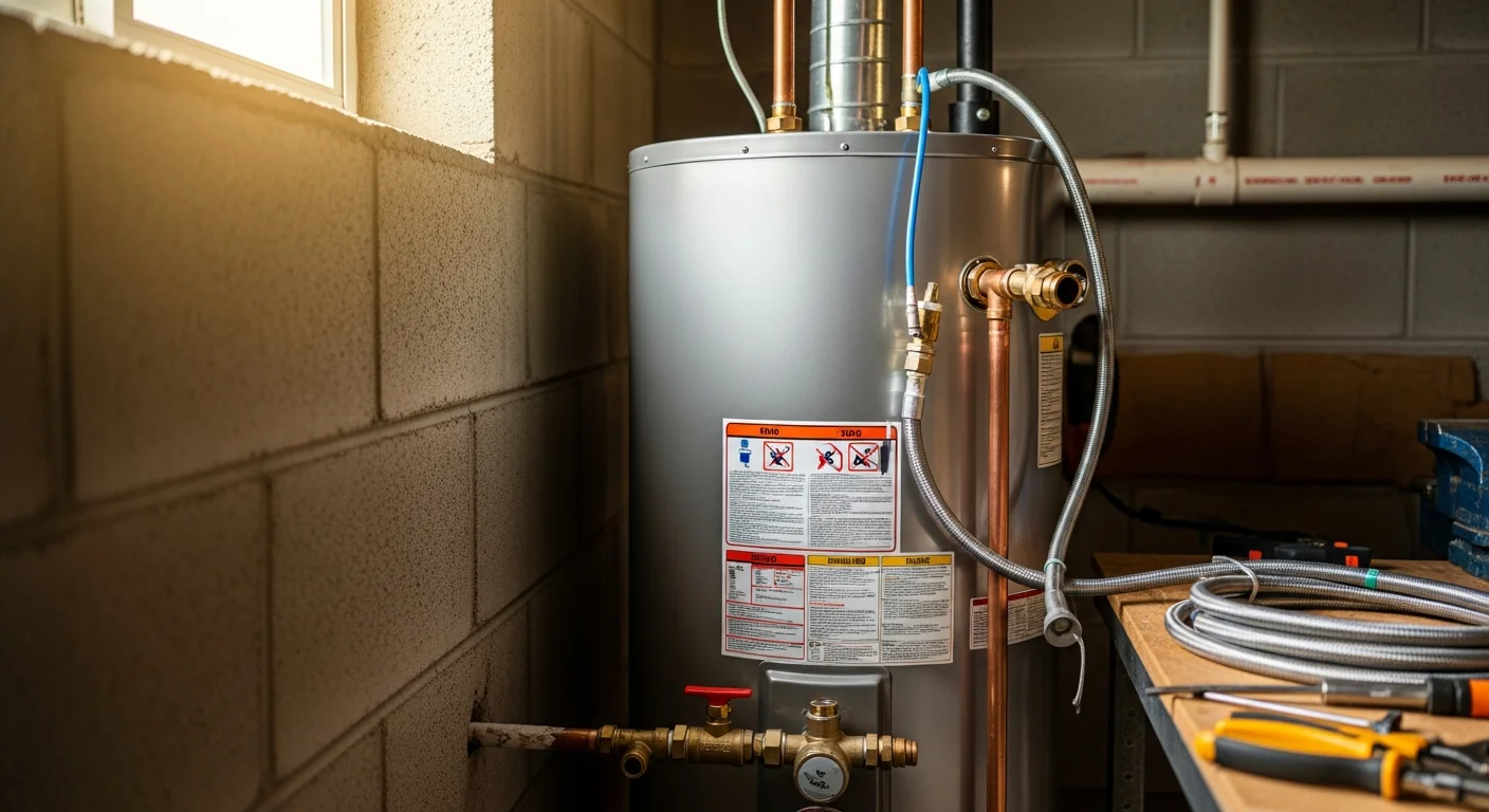 A licensed plumber from Owens Plumbing Services LLC completing a water heater installation in a New Braunfels, TX home utility closet. The new tank unit is connected to copper water lines and a gas supply line, with all fittings secured and ready for use.