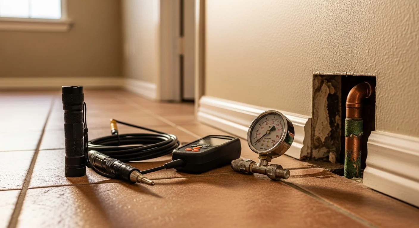 A licensed plumber from Owens Plumbing Services LLC inspecting a repaired water supply line beneath a slab foundation in a New Braunfels, TX home. The repair area shows exposed pipe fittings with fresh connections on a concrete slab floor.