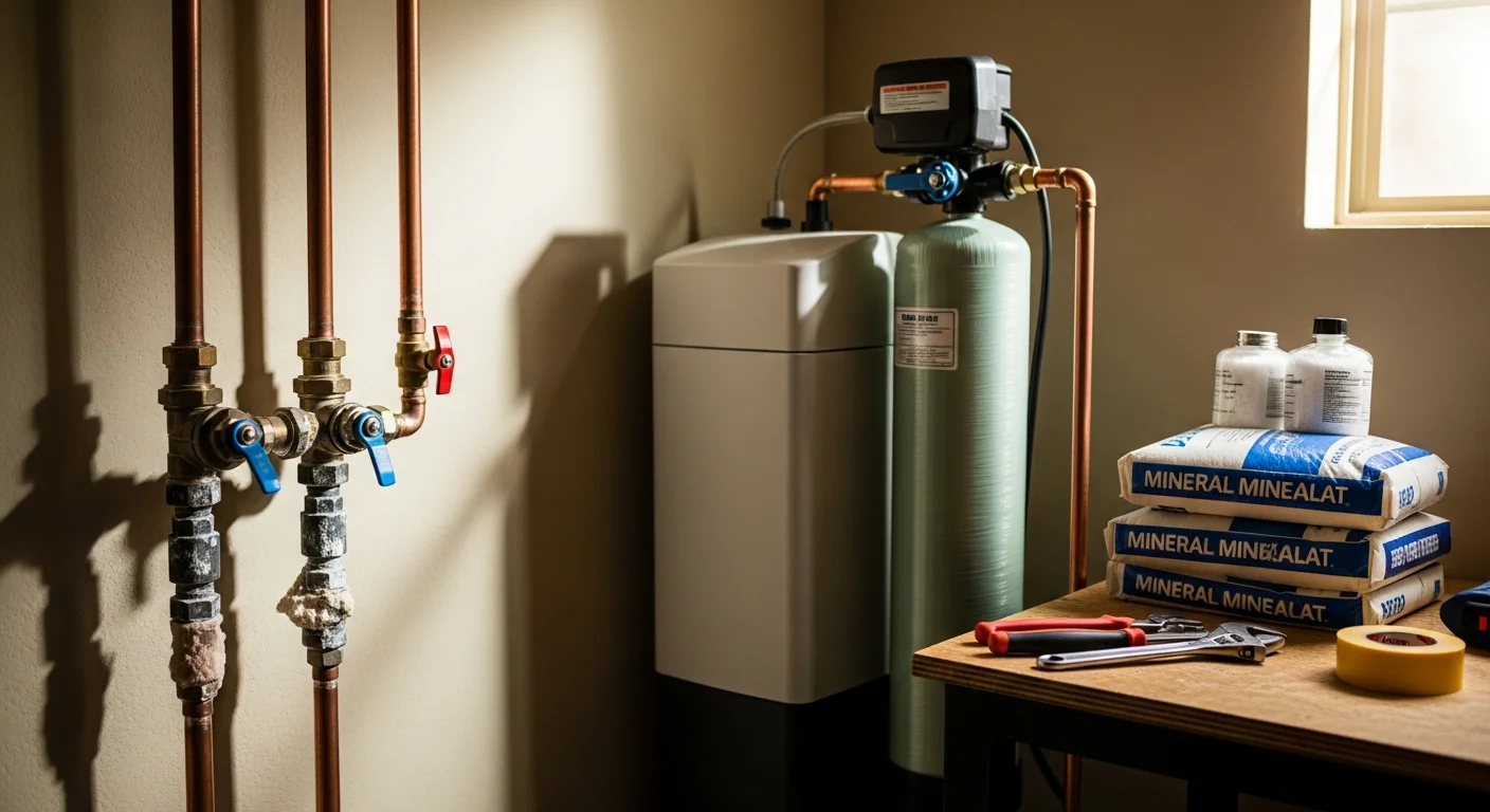 A whole-home water softener system installed in a New Braunfels, Texas home, connected to the main water supply line with a bypass valve. White mineral scale visible on a nearby faucet shows the hard water conditions common in the Texas Hill Country.